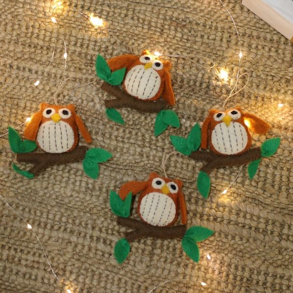 Alternate image for Handmade Set of 4 Owl-Shaped Wool Felt Ornaments from India Owl Message