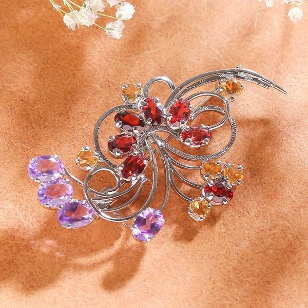 Alternate image for Floral Rhodium-Plated 9-Carat Multi-Gemstone Brooch Pin Graceful Bouquet