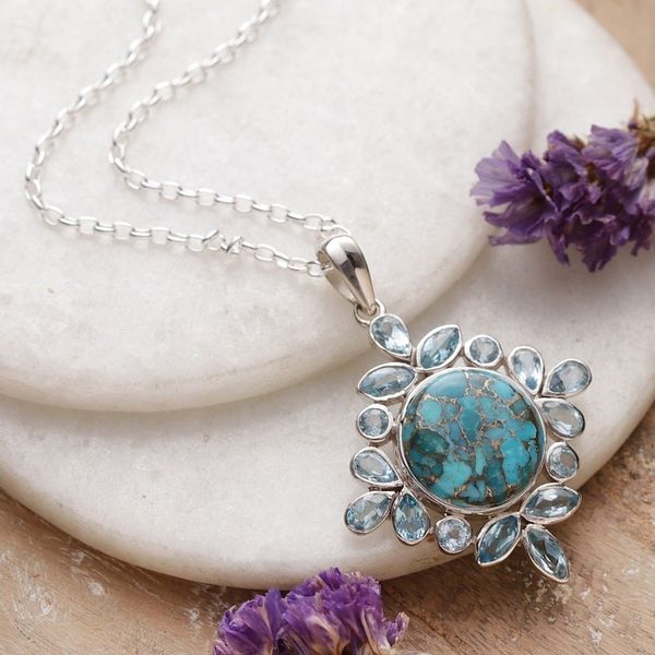 Alternate image for Reconstituted Turquoise Blue Topaz Silver Pendant Necklace Bold Fascination