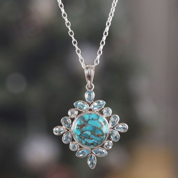 Alternate image for Reconstituted Turquoise Blue Topaz Silver Pendant Necklace Bold Fascination