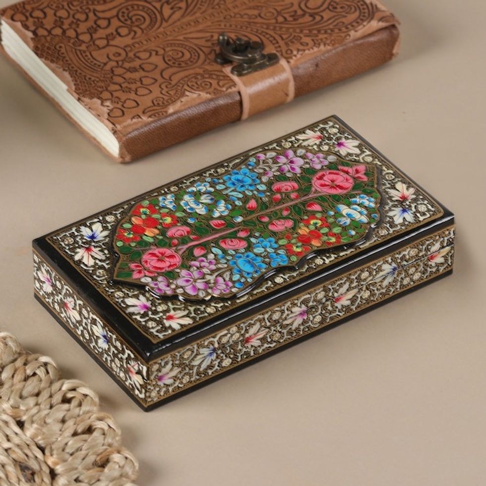 Papier Mache Wood Decorative Box Hand-Painted in India 'Black Kashmir Treasures'