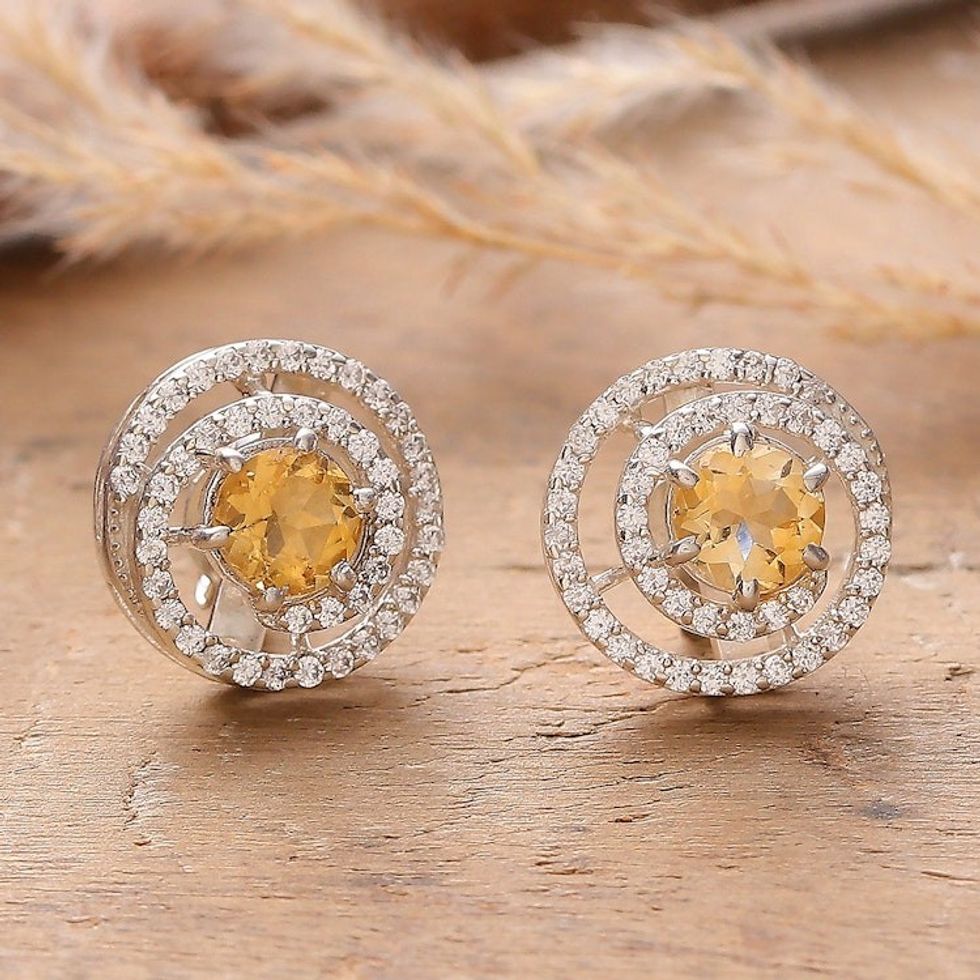 Rhodium-Plated Citrine Cubic Zirconia Button Earrings 'Sunlit Sparkle'
