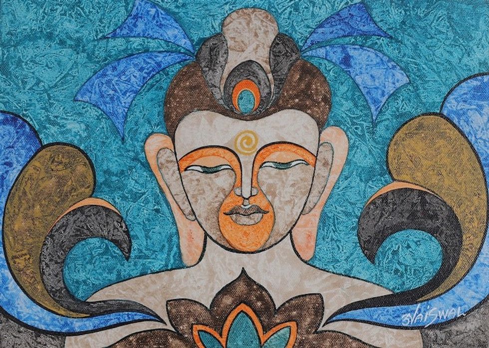 Signed Buddha-Themed Acrylic on Canvas Painting from India 'Divine Harmony'