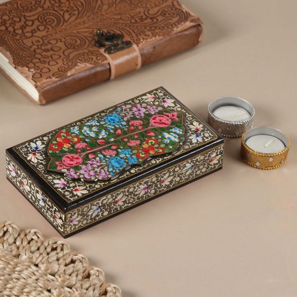 Alternate image for Papier Mache Wood Decorative Box Hand-Painted in India Black Kashmir Treasures