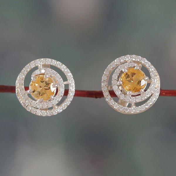 Alternate image for Rhodium-Plated Citrine Cubic Zirconia Button Earrings Sunlit Sparkle