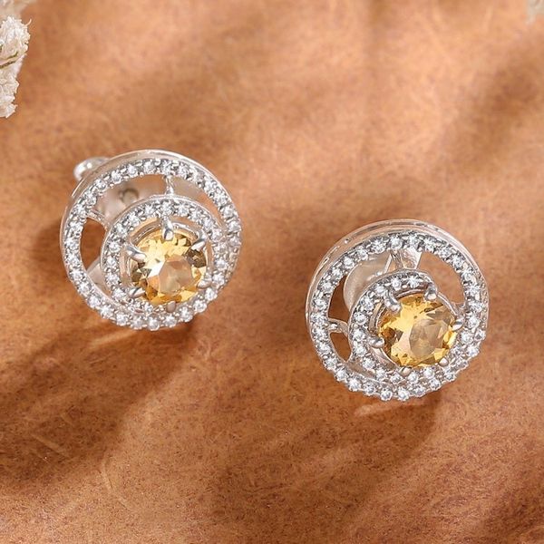 Alternate image for Rhodium-Plated Citrine Cubic Zirconia Button Earrings Sunlit Sparkle