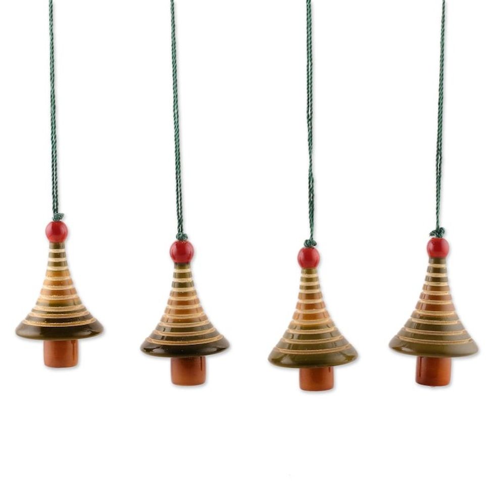 Indian Handmade 4-Piece Set of Wooden Channapatna Ornaments 'Evergreen Holiday'