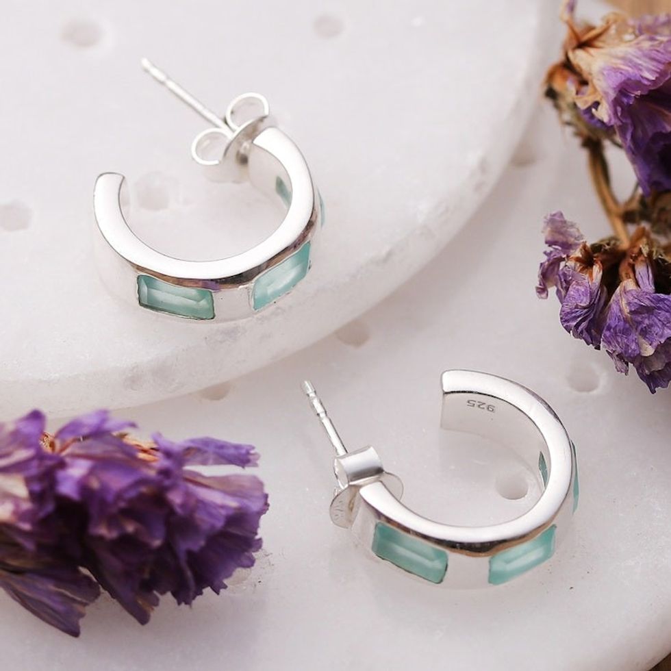 Minimalist 1-Carat Chalcedony Half-Hoop Earrings from India 'Aqua Hoops'