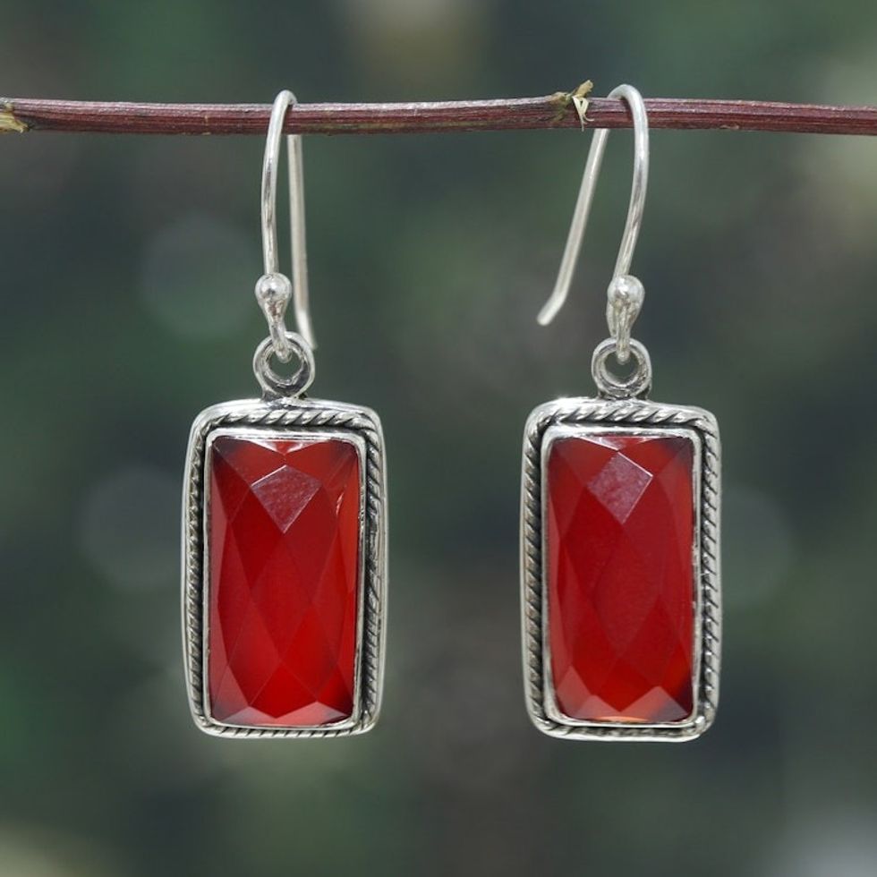 7-Carat Faceted Checkerboard Cut Carnelian Dangle Earrings 'Fiery Portals'