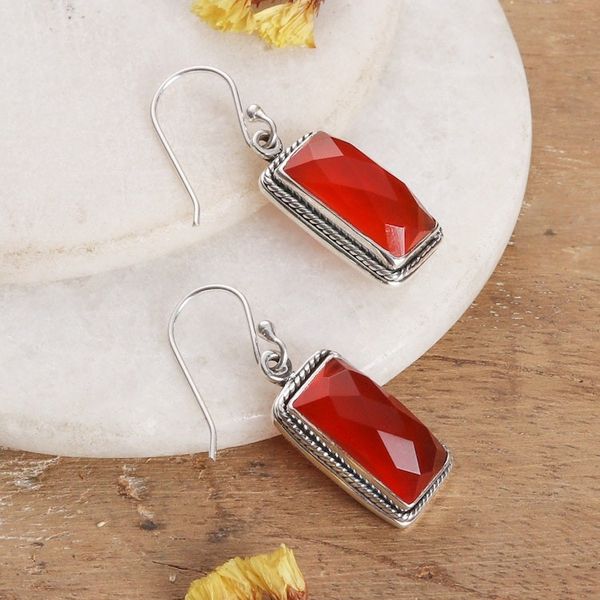 Alternate image for 7-Carat Faceted Checkerboard Cut Carnelian Dangle Earrings Fiery Portals