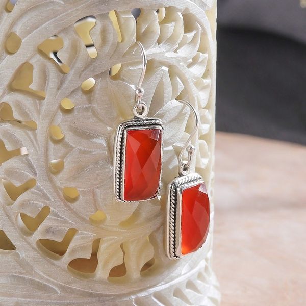 Alternate image for 7-Carat Faceted Checkerboard Cut Carnelian Dangle Earrings Fiery Portals