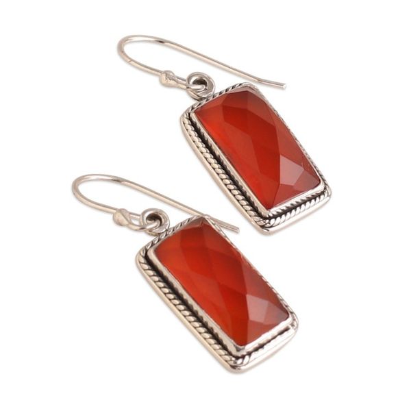 Alternate image for 7-Carat Faceted Checkerboard Cut Carnelian Dangle Earrings Fiery Portals