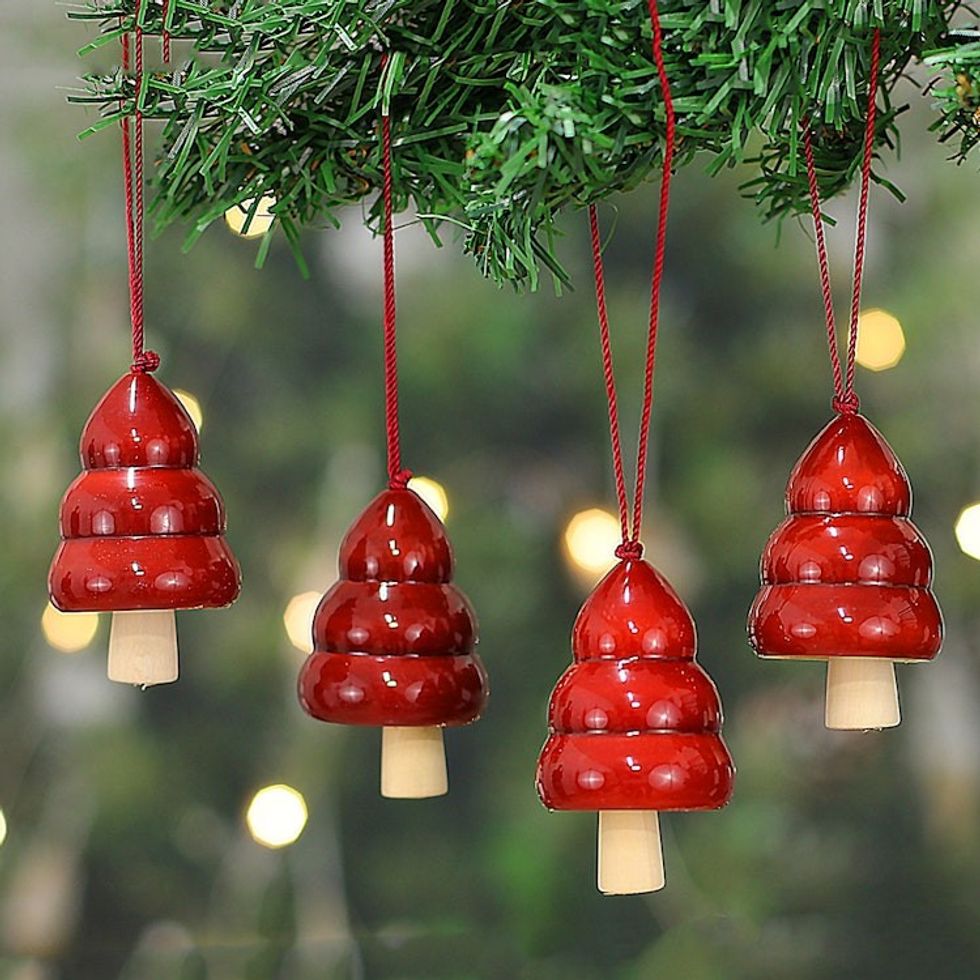 Hand-Painted Set of 4 Red Wood Channapatna Tree Ornaments 'Red Jingle'