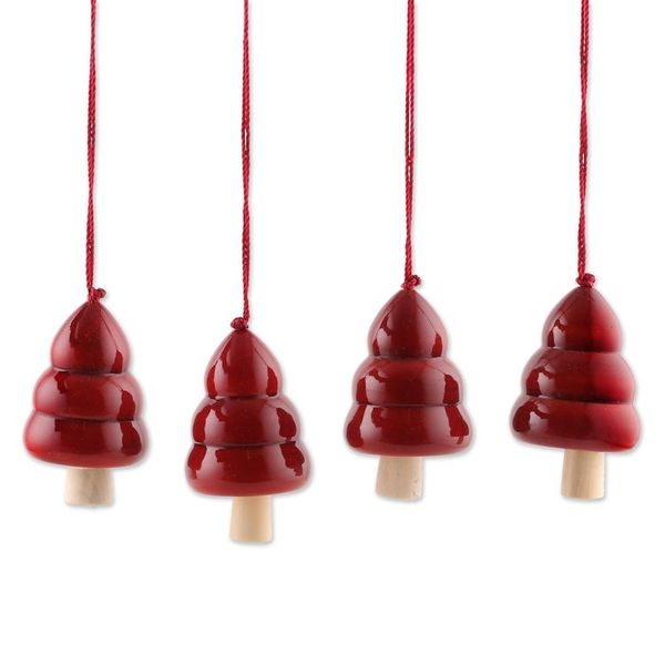 Alternate image for Hand-Painted Set of 4 Red Wood Channapatna Tree Ornaments Red Jingle