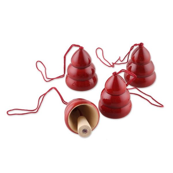 Alternate image for Hand-Painted Set of 4 Red Wood Channapatna Tree Ornaments Red Jingle