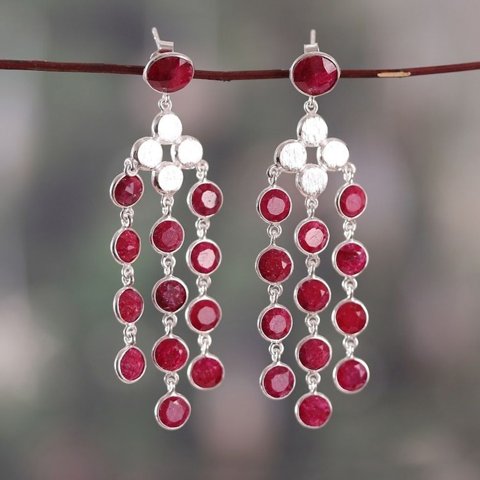 16-Carat Faceted Ruby and Sterling Silver Waterfall Earrings 'Capricious Cascades'