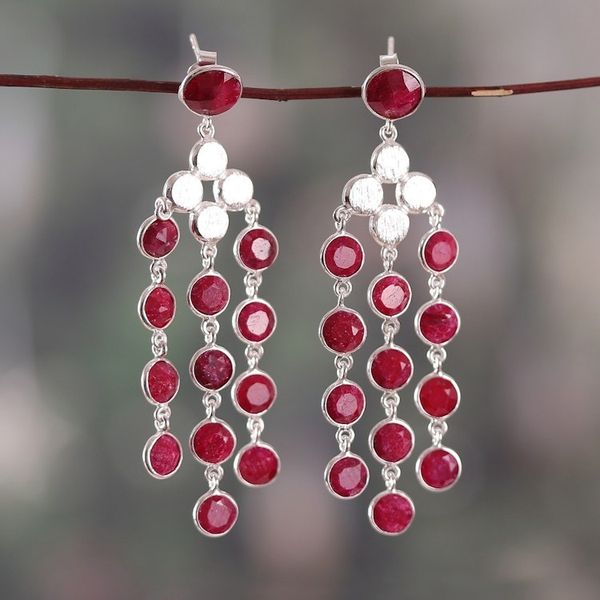 Alternate image for 16-Carat Faceted Ruby and Sterling Silver Waterfall Earrings Capricious Cascades