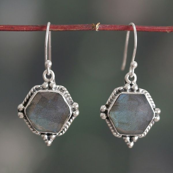 Alternate image for Hexagon-Shaped 6-Carat Natural Labradorite Dangle Earrings Sixth Intuition