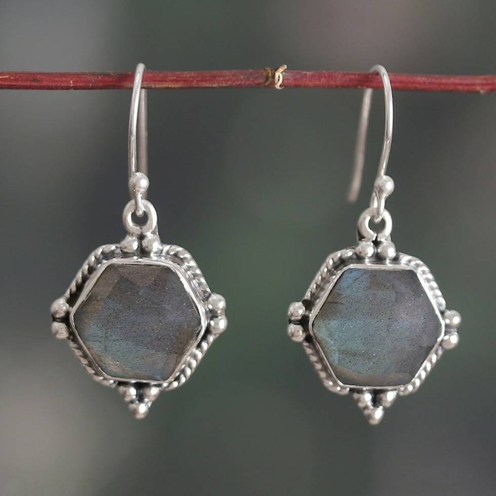 Hexagon-Shaped 6-Carat Natural Labradorite Dangle Earrings 'Sixth Intuition'
