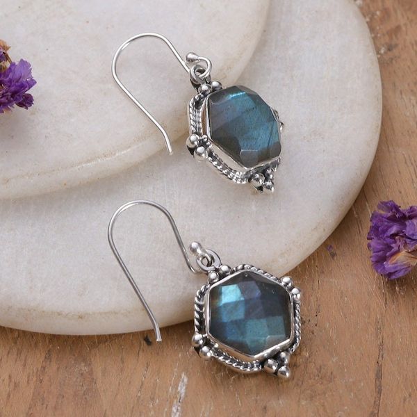 Alternate image for Hexagon-Shaped 6-Carat Natural Labradorite Dangle Earrings Sixth Intuition