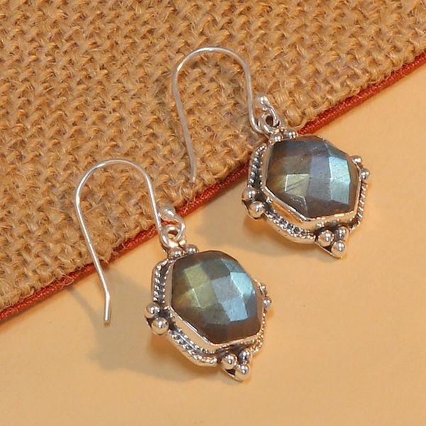 Alternate image for Hexagon-Shaped 6-Carat Natural Labradorite Dangle Earrings Sixth Intuition