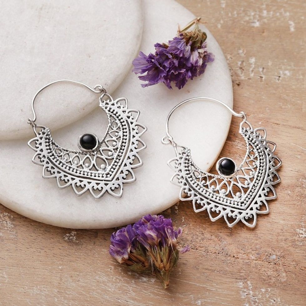 Classic Indian Sterling Silver and Black Onyx Hoop Earrings 'Nest of Enigmas'