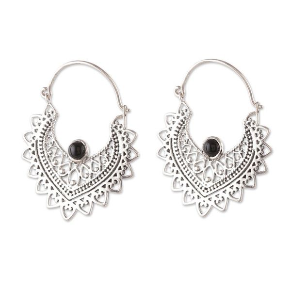 Alternate image for Classic Indian Sterling Silver and Black Onyx Hoop Earrings Nest of Enigmas