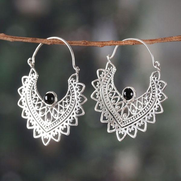 Alternate image for Classic Indian Sterling Silver and Black Onyx Hoop Earrings Nest of Enigmas