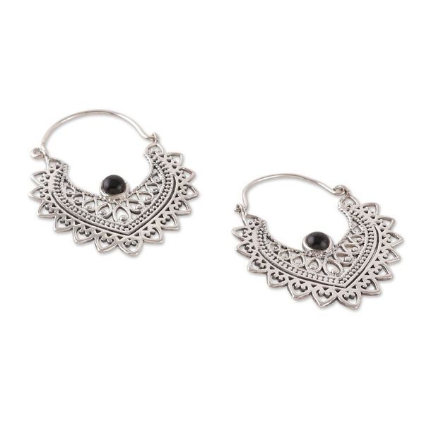 Alternate image for Classic Indian Sterling Silver and Black Onyx Hoop Earrings Nest of Enigmas