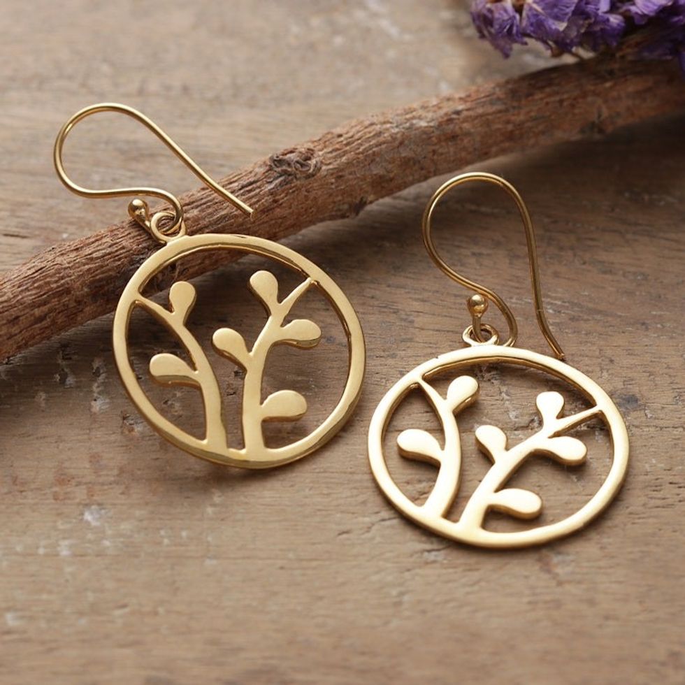 High-Polished Round Leafy Brass Dangle Earrings from India 'Era of Verdure'