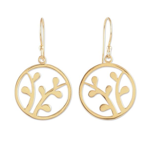 Alternate image for High-Polished Round Leafy Brass Dangle Earrings from India Era of Verdure