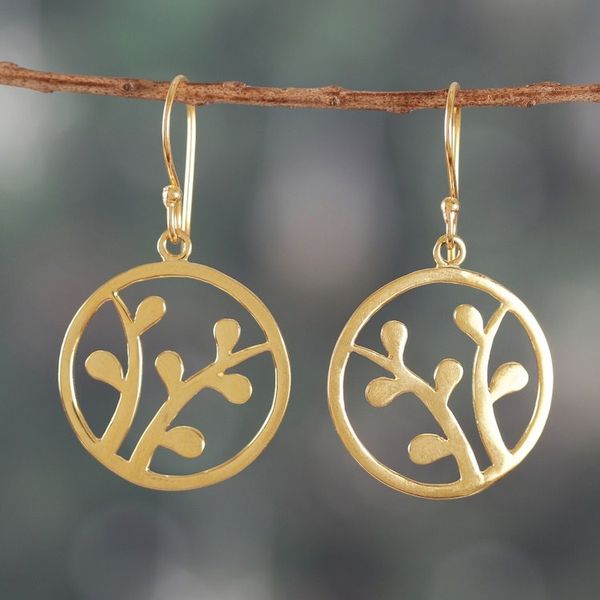 Alternate image for High-Polished Round Leafy Brass Dangle Earrings from India Era of Verdure