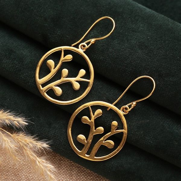 Alternate image for High-Polished Round Leafy Brass Dangle Earrings from India Era of Verdure