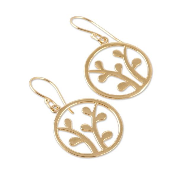 Alternate image for High-Polished Round Leafy Brass Dangle Earrings from India Era of Verdure