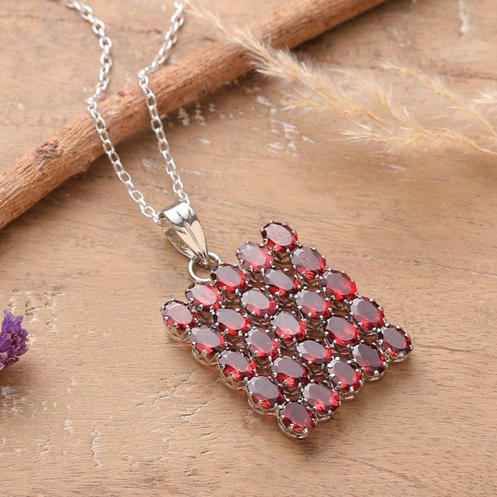 Rhodium-Accented Pendant Necklace with 25 Carat Garnet Gems 'Crimson Cluster'