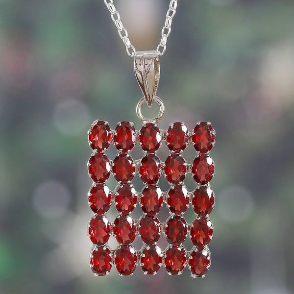 Alternate image for Rhodium-Accented Pendant Necklace with 25 Carat Garnet Gems Crimson Cluster