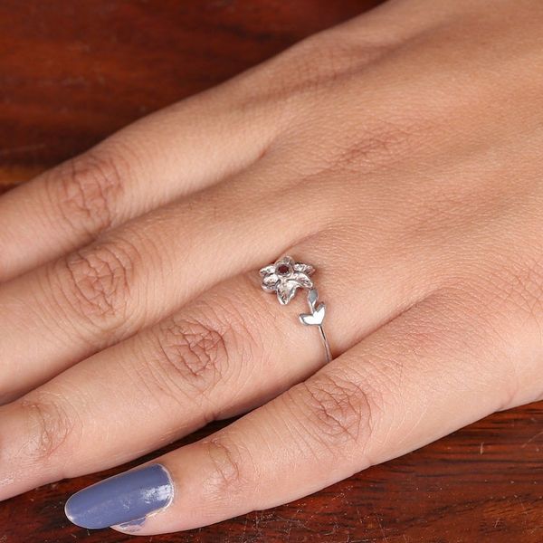 Alternate image for Floral-Themed Sterling Silver Band Ring with Garnet Gemstone Blossoming Scarlet