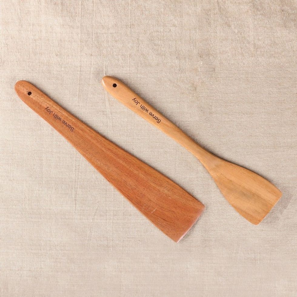 Indian-Made Hand-Carved Set of 2 Polished Neem Wood Spatulas 'Serve with Joy'