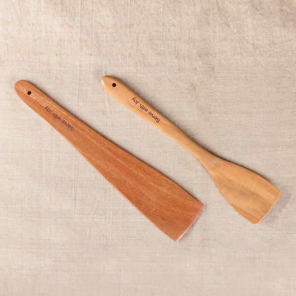 Alternate image for Indian-Made Hand-Carved Set of 2 Polished Neem Wood Spatulas Serve with Joy