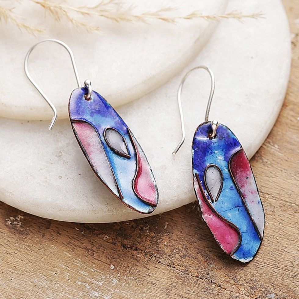 Abstract Blue White Red Vitreous Enamel on Copper Earrings 'Elliptical Allure'