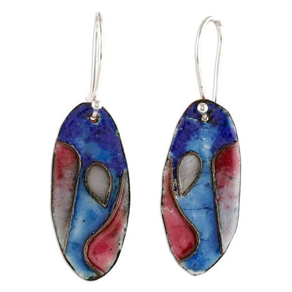 Alternate image for Abstract Blue White Red Vitreous Enamel on Copper Earrings Elliptical Allure
