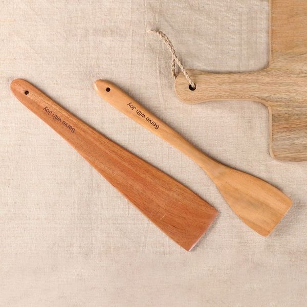 Alternate image for Indian-Made Hand-Carved Set of 2 Polished Neem Wood Spatulas Serve with Joy