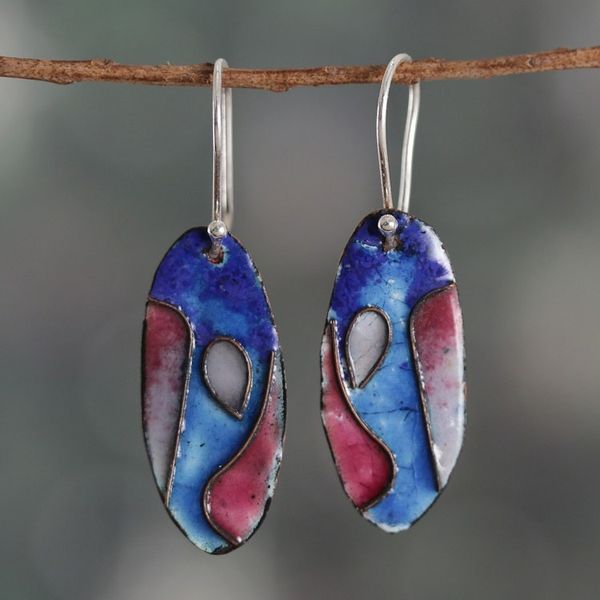 Alternate image for Abstract Blue White Red Vitreous Enamel on Copper Earrings Elliptical Allure