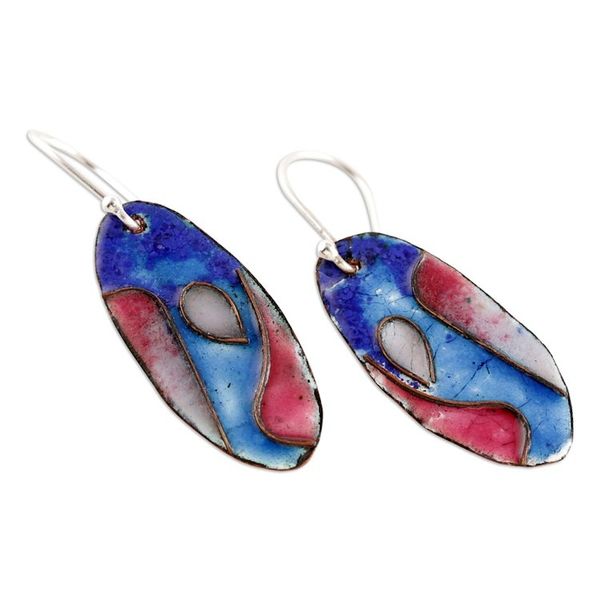 Alternate image for Abstract Blue White Red Vitreous Enamel on Copper Earrings Elliptical Allure