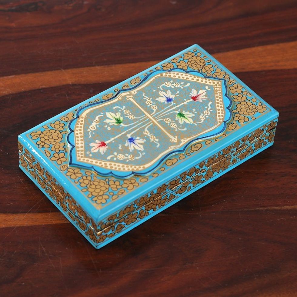 Aqua Hand Painted Folk Art Papier Mache Wood Decorative Box 'Aqua Chinar Embrace'