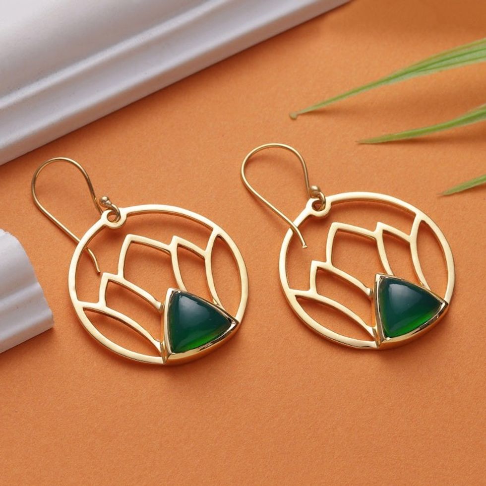Lotus-Themed Brass and Green Onyx Dangle Earrings from India 'Lotus Dawn'