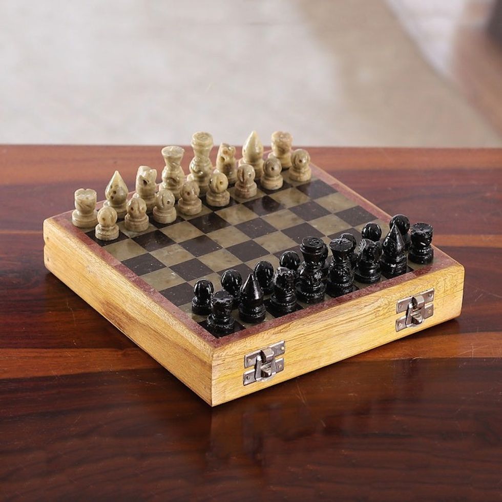 Artisan-Made Soapstone and Kadam Wood Chess Set from India 'Royal Epic'