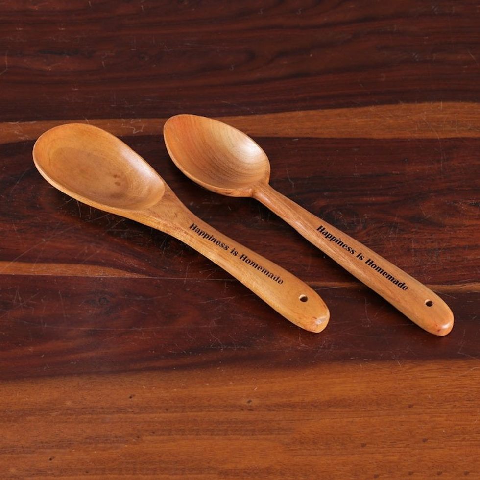 Fair Trade Handmade Polished Neem Wood Serving Utensil Set 'Happiness is Homemade'