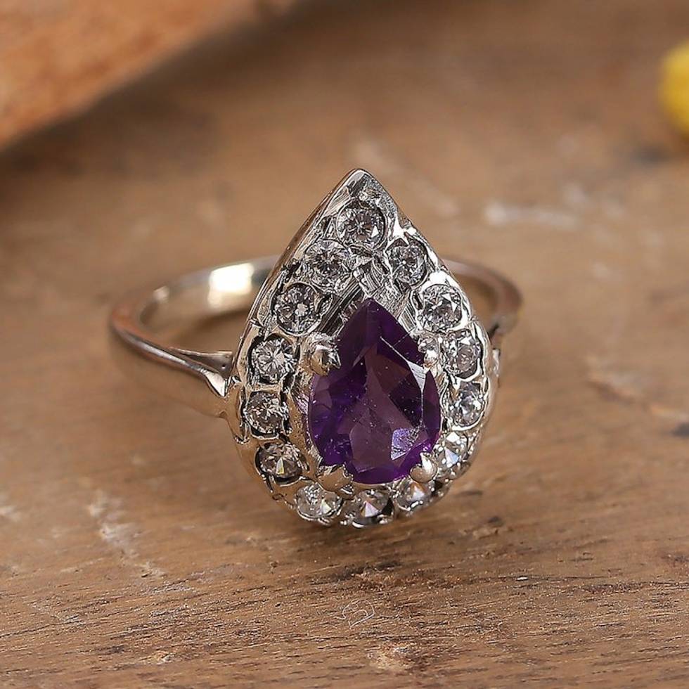One-Carat Pear Amethyst and Sterling Silver Cocktail Ring 'Dazzling Wisdom'