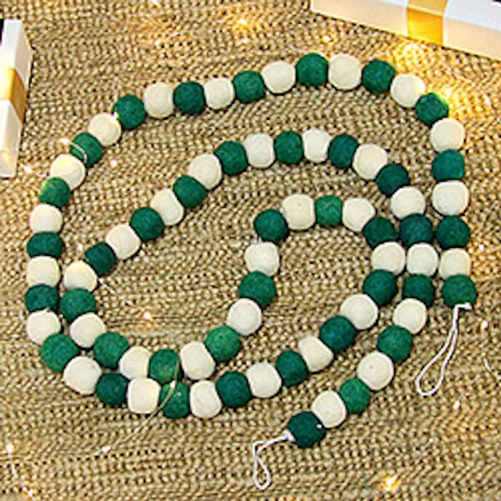 Handcrafted Wool Felt Garland in Green and Ivory Shades 'Forest Pompoms'